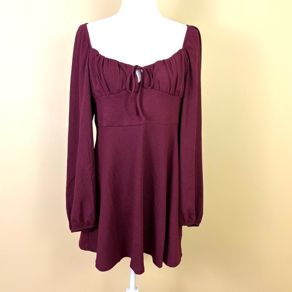 NWT Francesca’s Maroon Square Neck Boho Peasant Corset Long Sleeve Mini Dress(L) - Picture 1 of 16